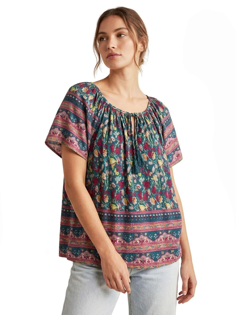 Joie Floral Short Sleeve Blouse Blue Green & Pink Size Medium